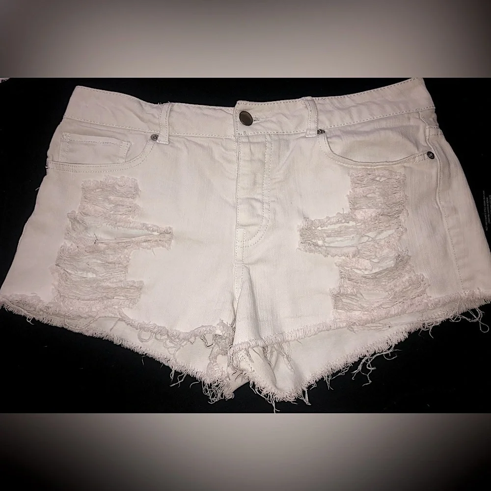 Forever 21 White Distressed Jean Shorts with Frayed Hem